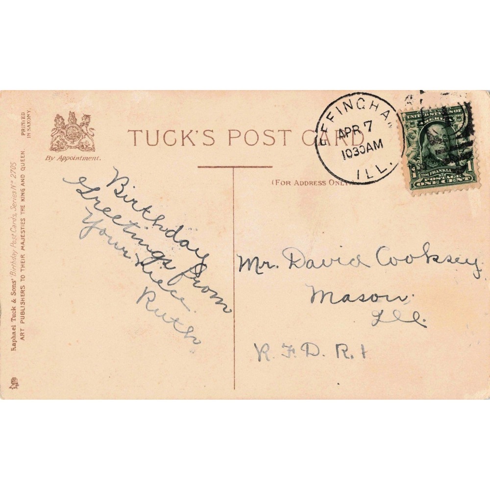 Vintage 1911 Raphael Tuck & Sons Yellow Rose Birthday Postcard Effingham IL VG - Picture 2 of 2